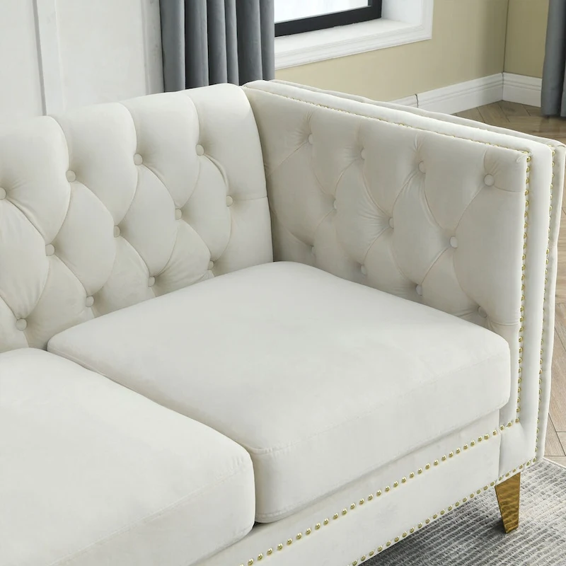Modern Velvet Sofa Couch Upholstered Button and Metal Legs
