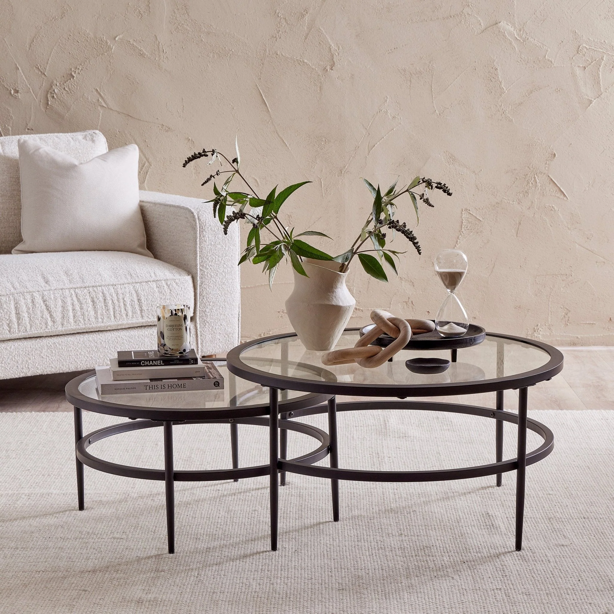 Contemporary Black Glass & Metal Coffee Table with Space-Saving Design for Living Room