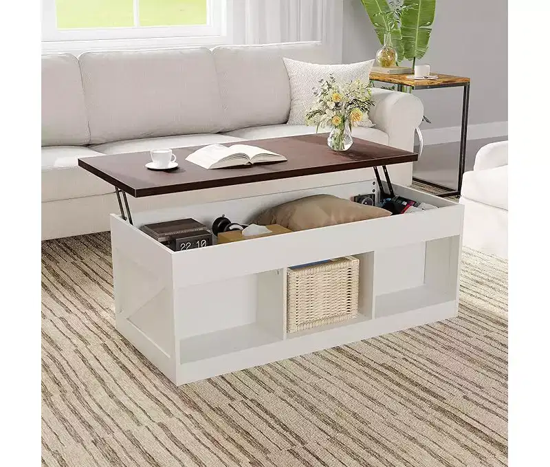Farmhouse Lift Top Coffee Table with Hydraulic Height Adjustment Multifunctional Adjustable End Table Featuring Hidden Storage Compartment