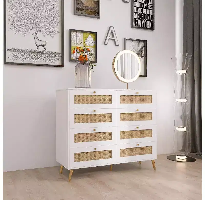 Wood & Rattan 8-Drawer Dresser - White Finish with Rattan Drawer Fronts, Gold Legs & Handles for Bedroom/Storage