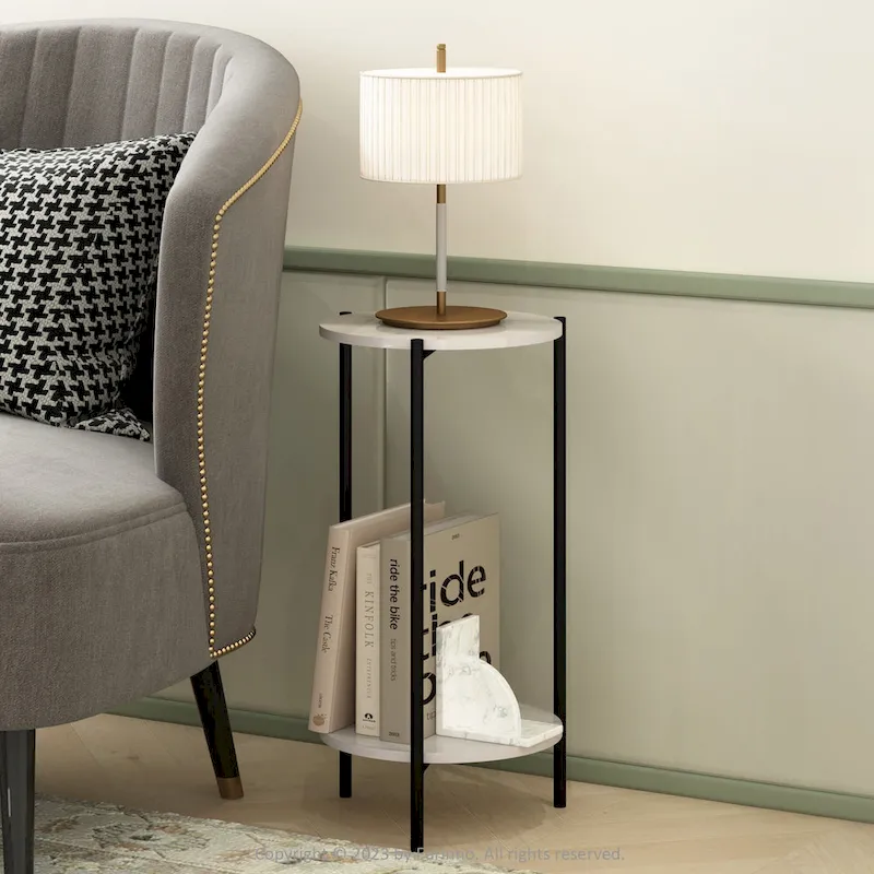 Furinno Besi 2-Tier Modern Tall Round Side End Table with Sturdy Metal Legs, Americano