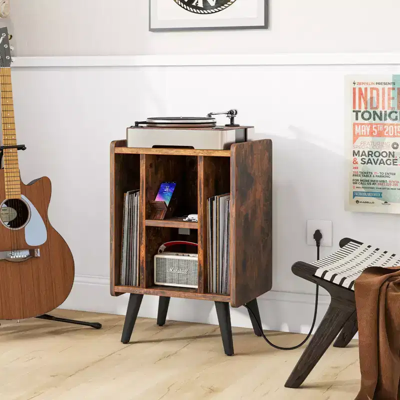 Record Player Stand w/ Charging Station & USB Ports, Side Table w/ Vinyl Storage Cabinet, Album Display Shelf Turntable Brown/Grey