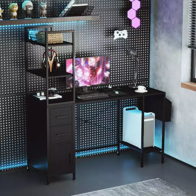 Office Desk with LED Lights & Power Outlets, Open Shelves and 2 Drawers Cabinet