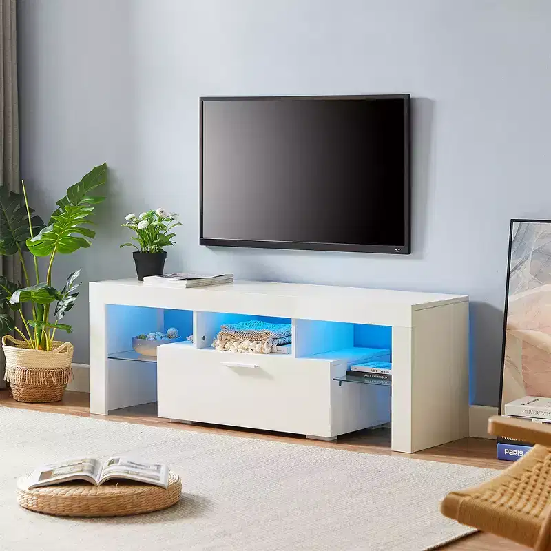 TV Stand with Remote Control LED Light Strip, Storage Cabinets & Open Shelves, Two-Drawer White Entertainment Center for Living Room Bedroom
