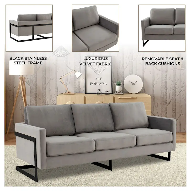 Leisuremod Lincoln 3-Seater Upholstered Velvet Sofa with Black Stainless-Steel Base