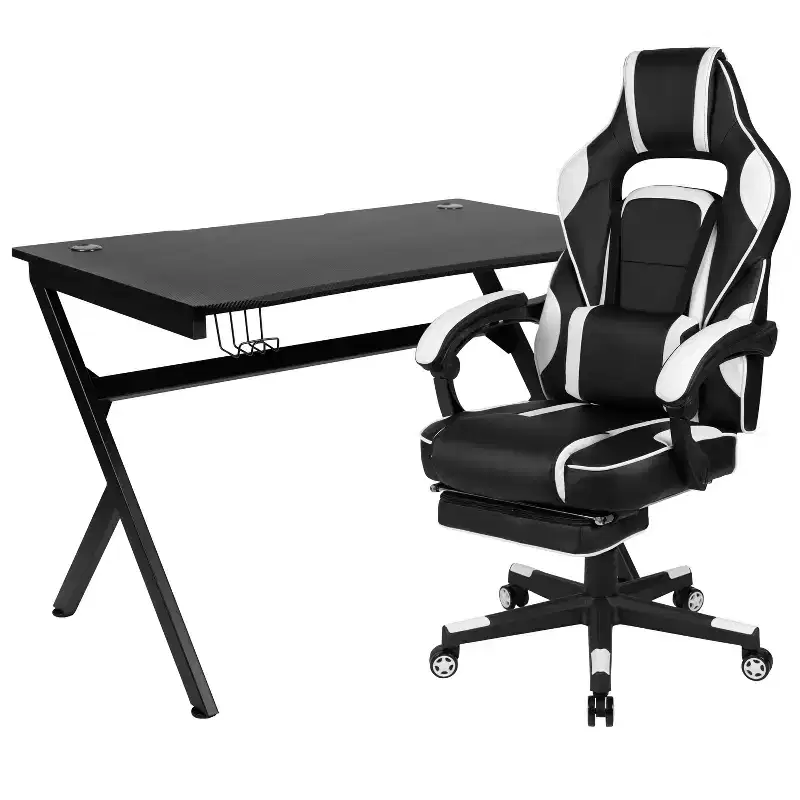Flash Furniture Gaming Desk with Cup Holder/Headphone Hook/2 Wire Management Holes & Reclining Back/Arms Gaming Chair with Footrest
