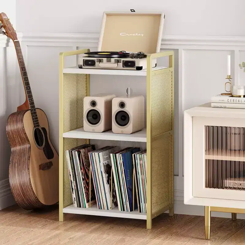 TROPOW Record Player Stand with Storage, Wooden Turntable Stand with Mesh Gold Metal Side, 3-Tier Golden Record Player Side Table