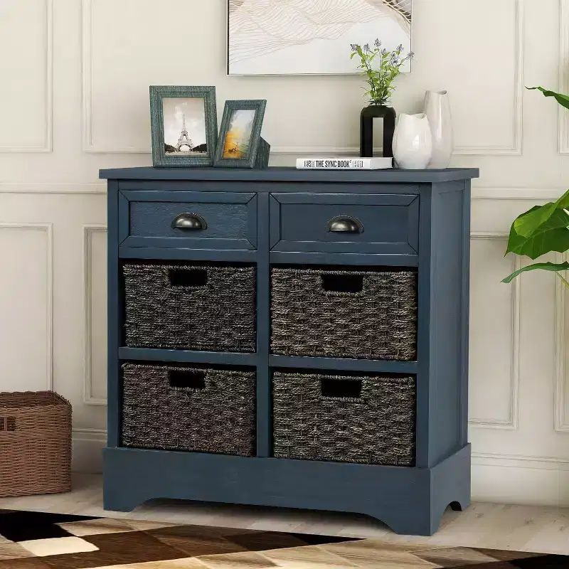 Solid Wood Storage Cabinet with Drawers and Rattan Baskets
