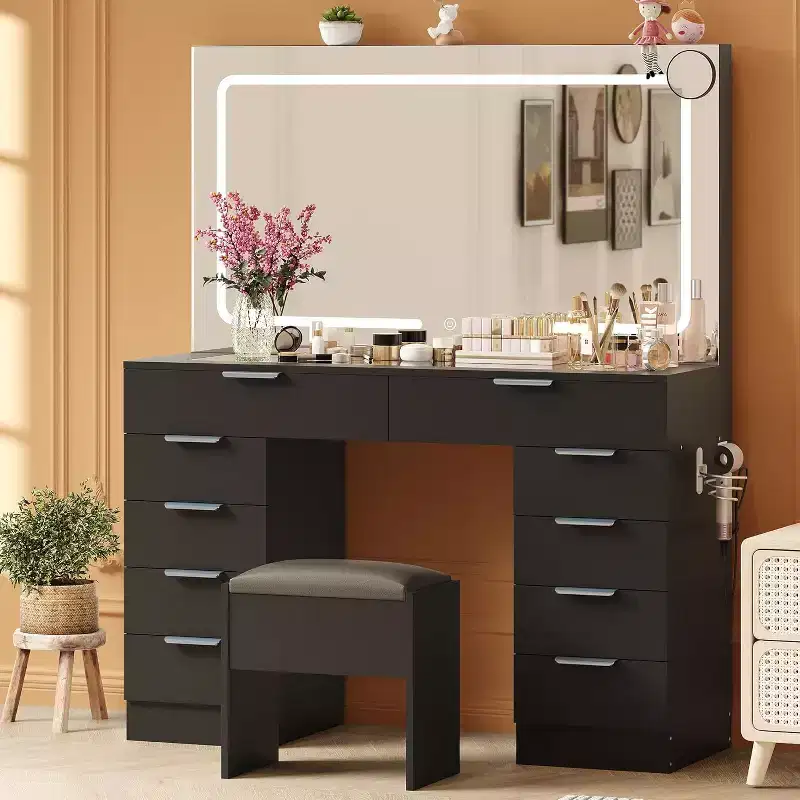 Vanity Desk with Large Mirror, Makeup Vanity Set with Power Outlet, Stool, 10 Drawers, Magnifying Glass, Hairdryer Holder for Bedroom,Dressing Room
