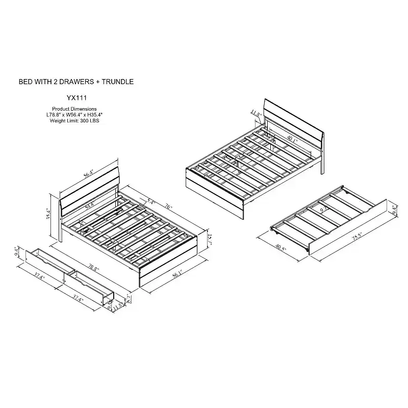 Full Platform Bed with Trundle and Storage Drawers