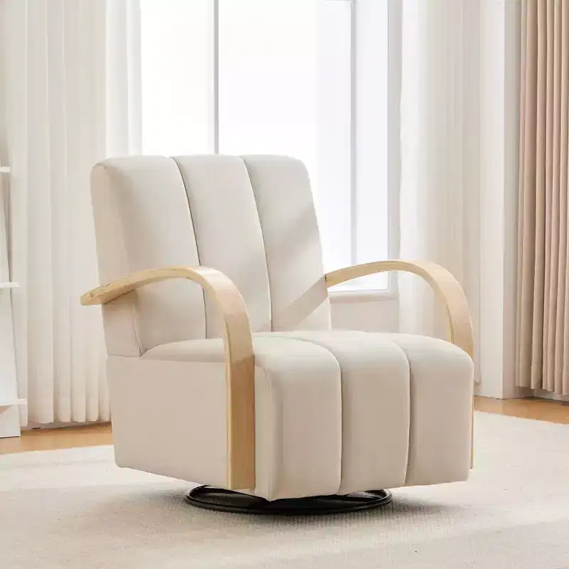 Mid-Century Upholstered Swivel Lounge Chair with Solid Wood Armrests, Accent Chair for Living Room