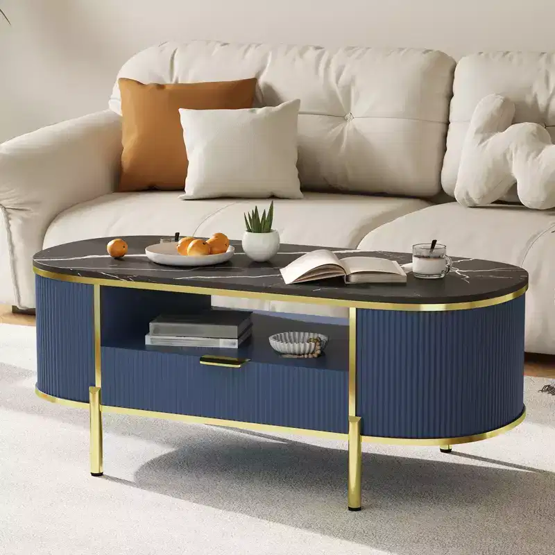 Round Wave Pattern Coffee TableCoffee Table with Drawer, for Living Room, Gold Metal Legs,