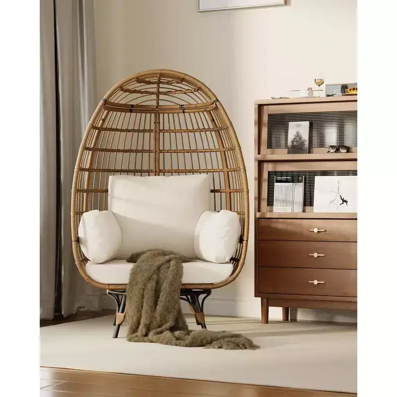 Oversized 360 Swivel Egg Chair for Outdoor, Rattan Egg-Shaped Lounger Chair with 4 Thick Cushions,350LBs Capacity PE Rattan Basket Chairs