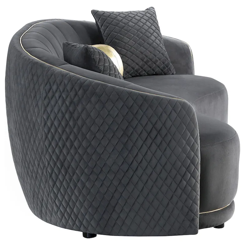 Buo Curved Sofa, 92 Inch, Dark Gray Polyester, Gold Trim, 3 Pillows