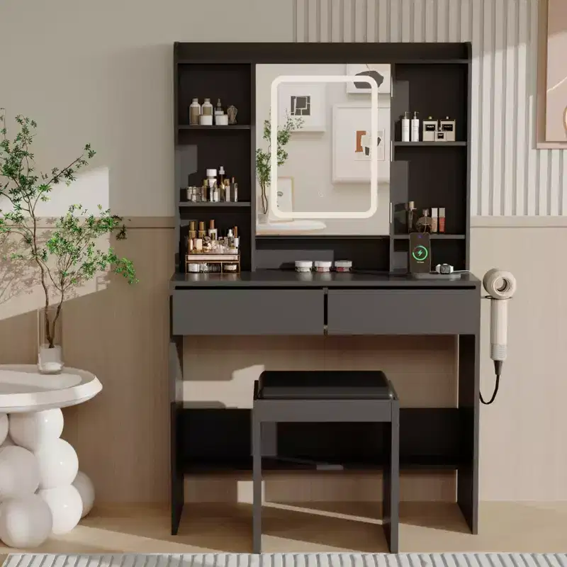 Vanity Desk with Mirror and Lights, for Bedroom, Adjustable 3 Color Lights Modes, Includes Padded Stool, Makeup Table Set with Hidden Storage Shelves
