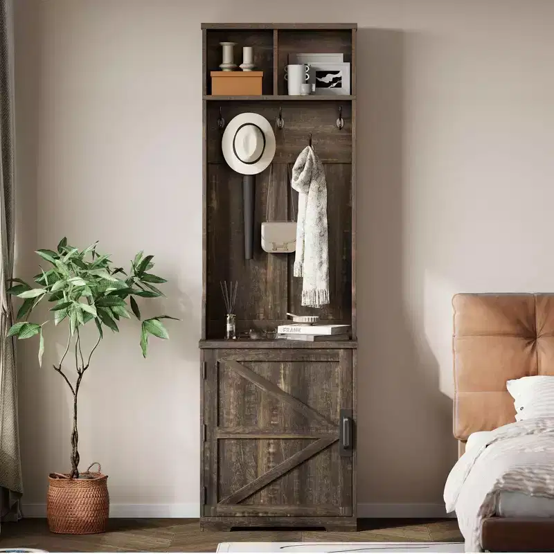 Rustic-style entryway shoe cabinet with compact coat storage featuring 5 coat hooks, includes shoe storage, ideal for entryways and hallways.