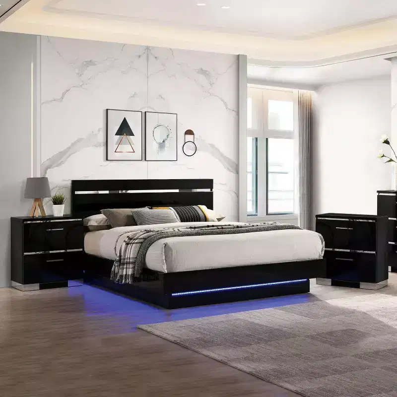 3pc Cavatao Bed with 2 Nightstands Black/Chrome - miBasics