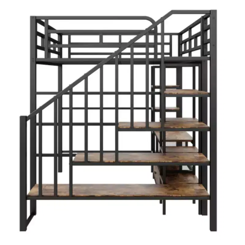 Full Size Metal Loft Bed with Staircase,Low Storage Table and Storage Shelves,Black