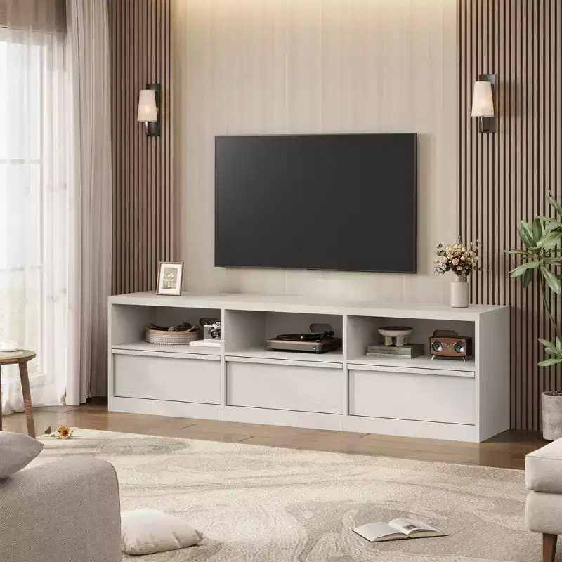 Modern TV stand, perfect for industrial-style interiors, featuring 3 drawers and shelves. Constructed from sturdy MDF, ideal for living rooms