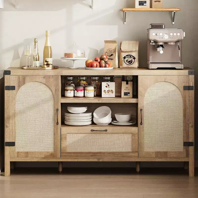 59 Farmhouse Kitchen Buffet Cabinet, Modern Wooden Sideboard, Rattan Coffee Bar Cabinet, Contemporary Living Room and Dining Room Furniture