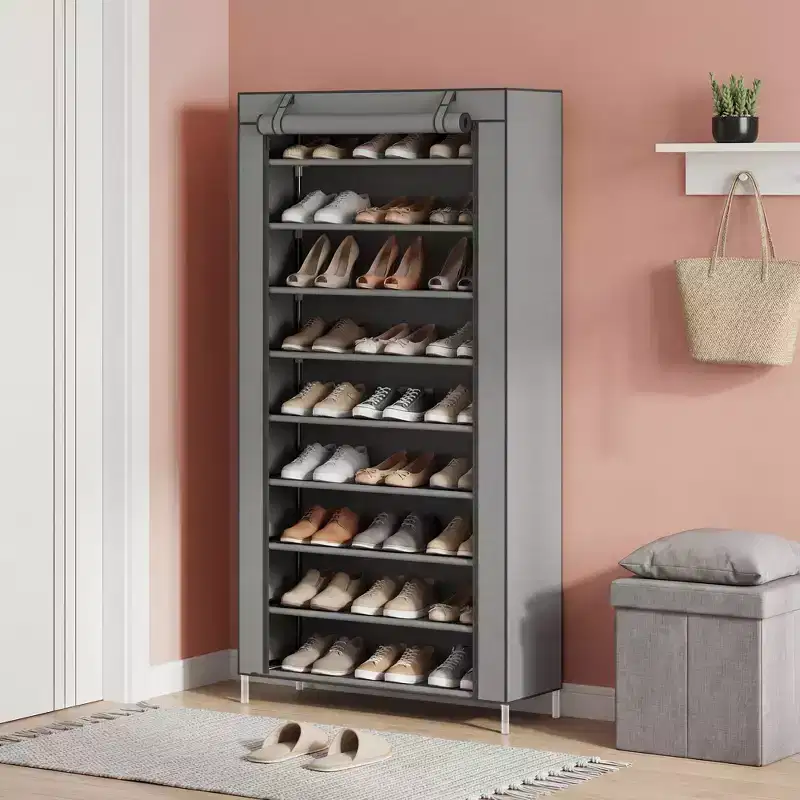 9-Tier Shoe Rack with Dustproof Cover, Tall Freestanding Shoe Storage Organizer for Closet & Entryway, Holds 40-50 Pairs, Gray