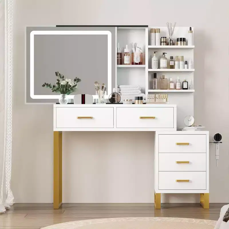 Vanity with Mirror and Light, Sliding Illuminated Mirror Makeup Table, 3 Lighting Modes, 5 Large Drawers, Suitable for Bedrooms