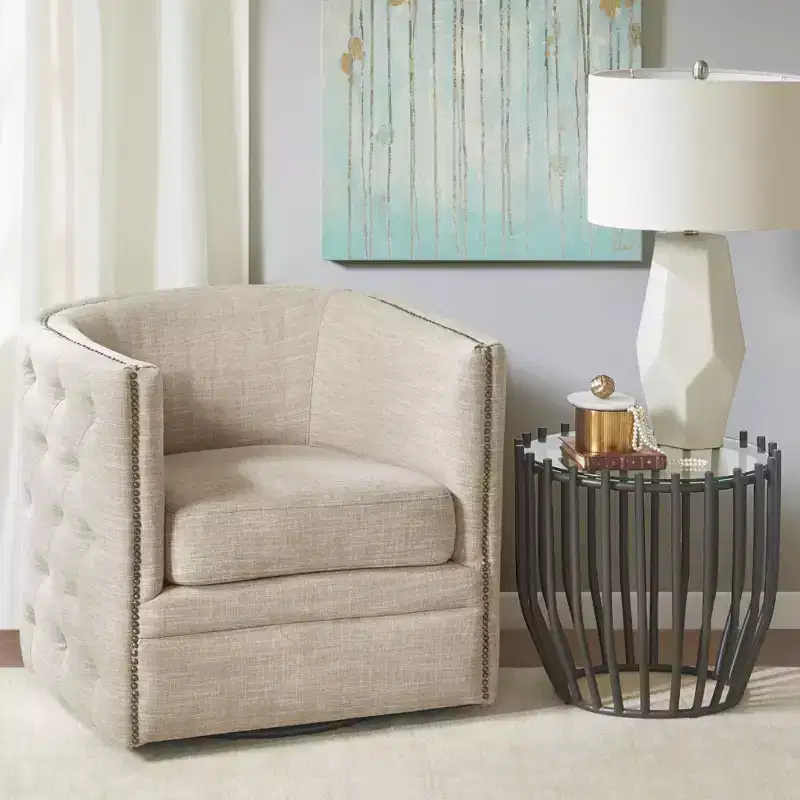 Milton Swivel Chair - Cream: Comfortable Living Room Seating, Tufted Back, No Assembly Required