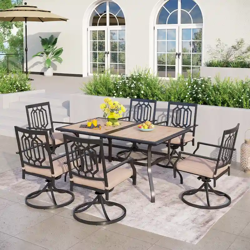 MAISON ARTS 7-piece Patio Dining Set, 1 Rectangle Wood-like Table with Umbrella Hole and 6 Metal Swivel Chairs