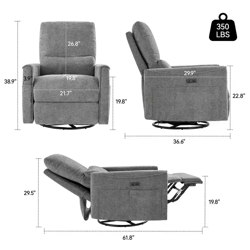 Power Swivel Rocker Recliner Chair, Fabric Glider with Lumbar Support and USB/Type-C Ports
