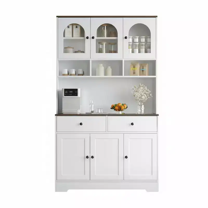 GustoWave Farmhouse Kitchen Pantry Cabinet, 71 Tall Food Storage Hutch with Open Shelves, Countertop & Glass Door Display for Dining Room