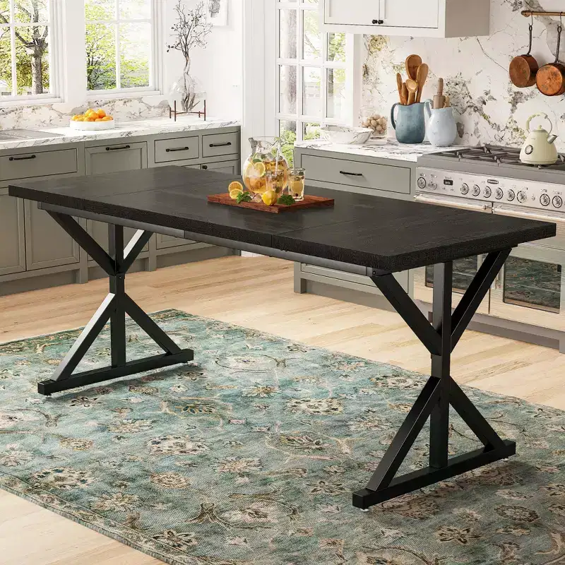 Dyonery 70.8 Inch Industrial Dining Table for 6-8 C Solid Wood Top with Metal Frame, Rectangular Kitchen & Dining Room Table