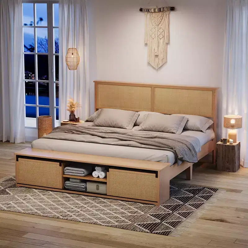 Full/King Size Natural Rattan Bed Frame with Sliding Barn Door Storage Cabinets, Boho Farmhouse Platform Bed, Noise-Free Slats, No Box Spring Needed