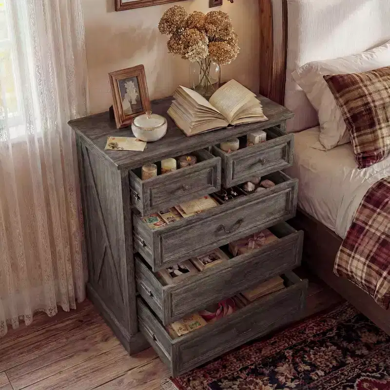 Farmhouse 5-Drawer Nightstand Bedside Table Chest Dresser with Antique Bronze Knobs, Distressed Finish