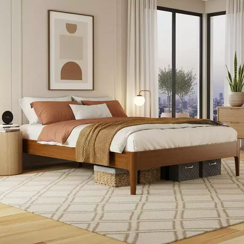 Polibi Solid Bamboo Platform Bed Frame with Metal Center Support & Underbed Storage