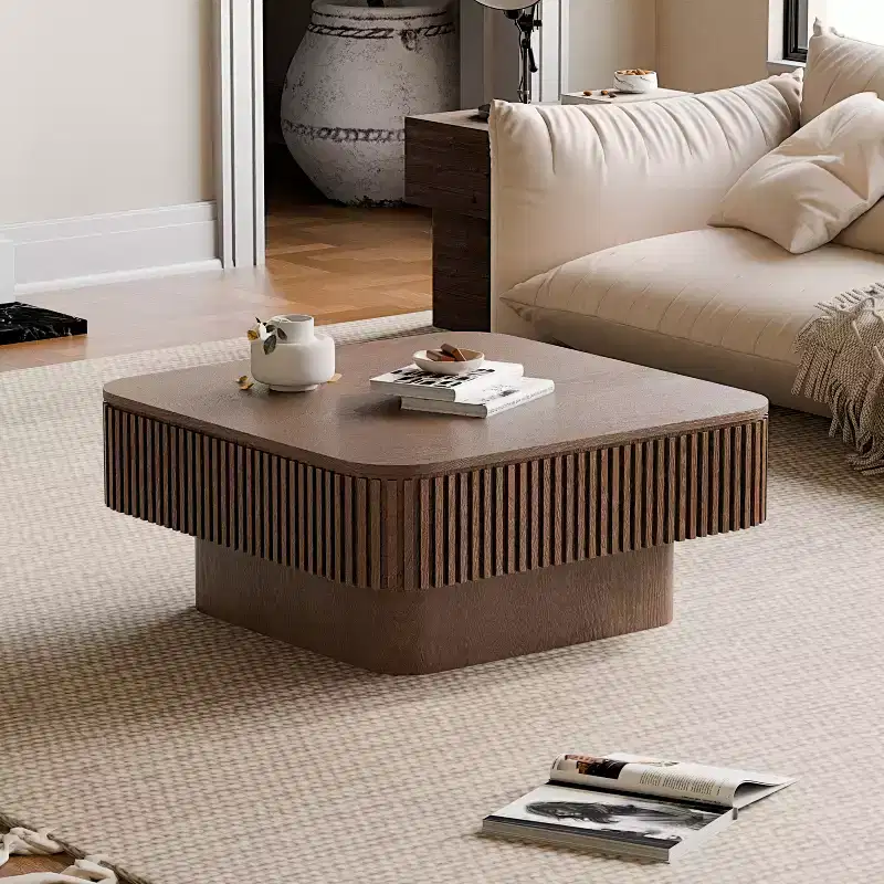Square Coffee Table with Storage, Modern Wood Center Table for Living Room, Walnut