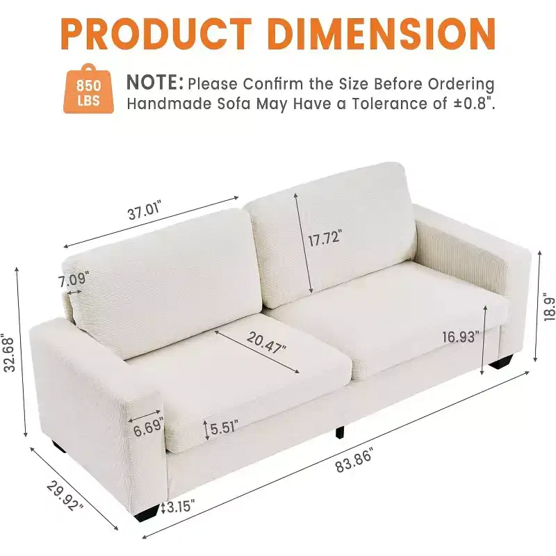 Modern Deep Seat Sofa Couch 84 Plush Corduroy Cloud Loveseat, Oversized Comfy Beige Couch for Living Room Bedroom Apartment