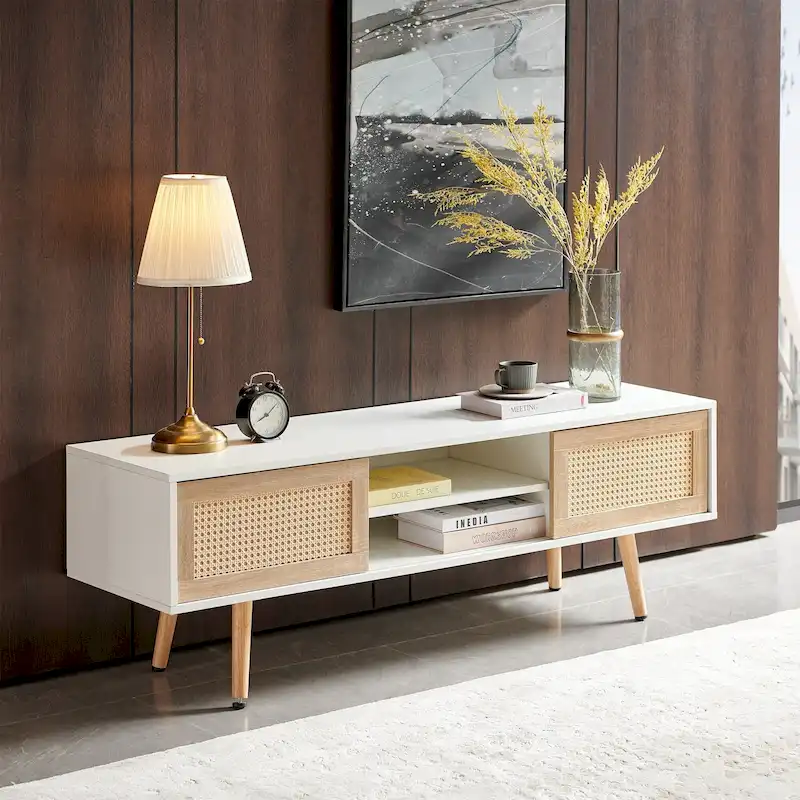 55.12 TV Stand with Double Sliding Doors, Solid Wood Legs and Adjustable Shelf for Living Room