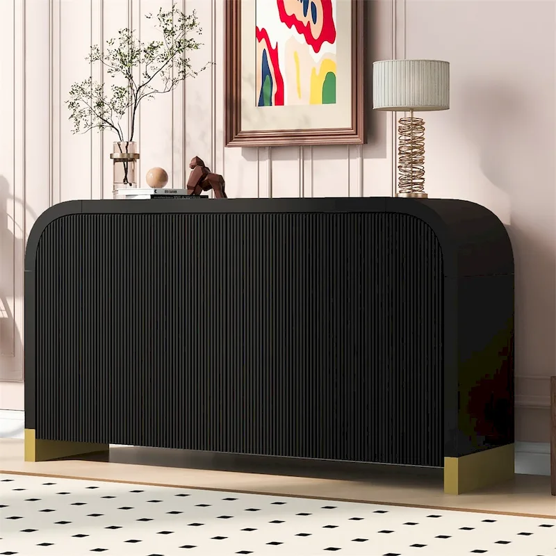 Wood Curved Corner Cabinet with Adjustable Shelves and 4 Door