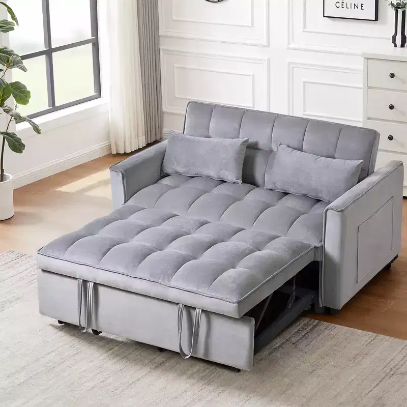Convertible Modern Pull Out Couch Sleeper Loveseat Velvet Bed Adjustable Backrest with Pillows Pockets for Living Room Gray