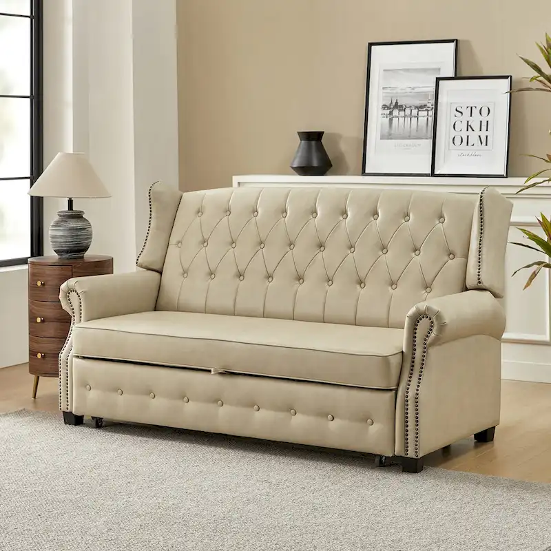 Ruedi Transitional 73.6 Vegan Leather Sofa Bed with Tufted Back and Nailhead by HULALA HOME