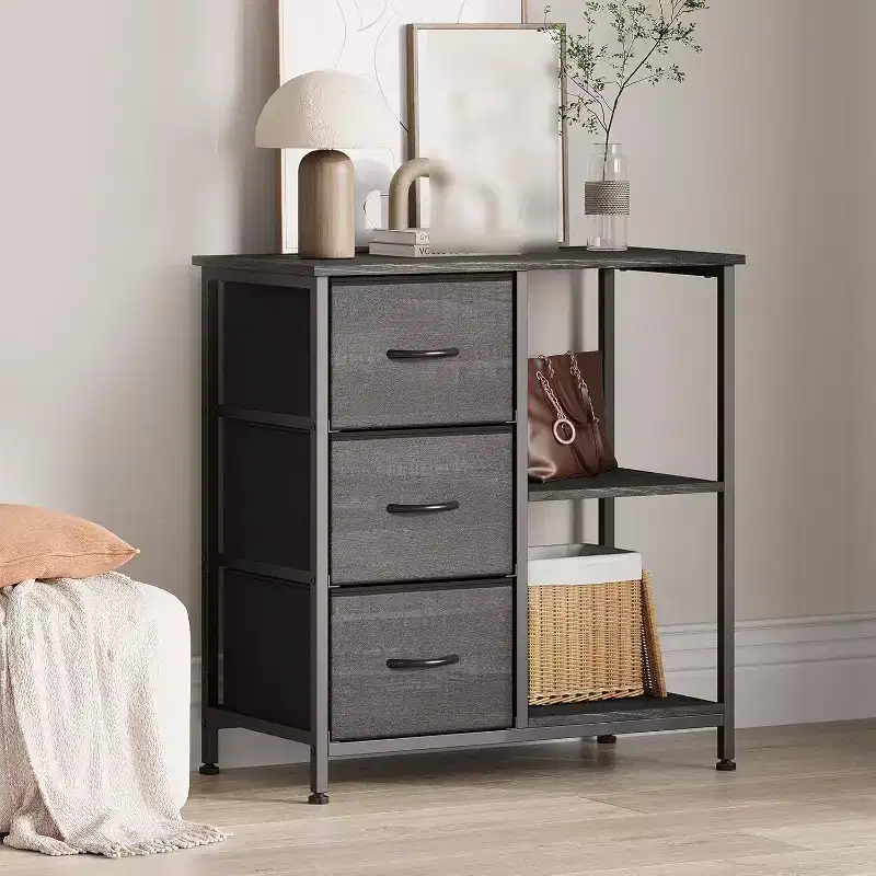 Modern 3 Drawer File Cabinet, Printer Stand with 2 Open Storage Shelves, Fabric Filing Cabinet Under Desk for Home Office