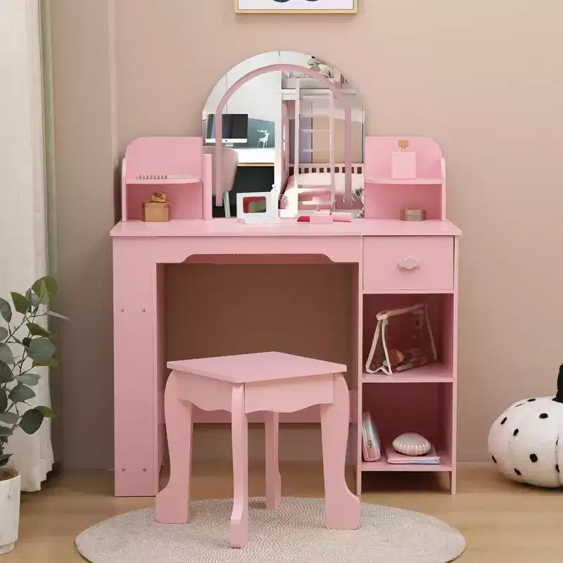 GustoWave Kids Vanity Set with Mirror, Stool, Bookshelf & Storage  Makeup Desk with Drawer & Shelves for Girls Ages 39