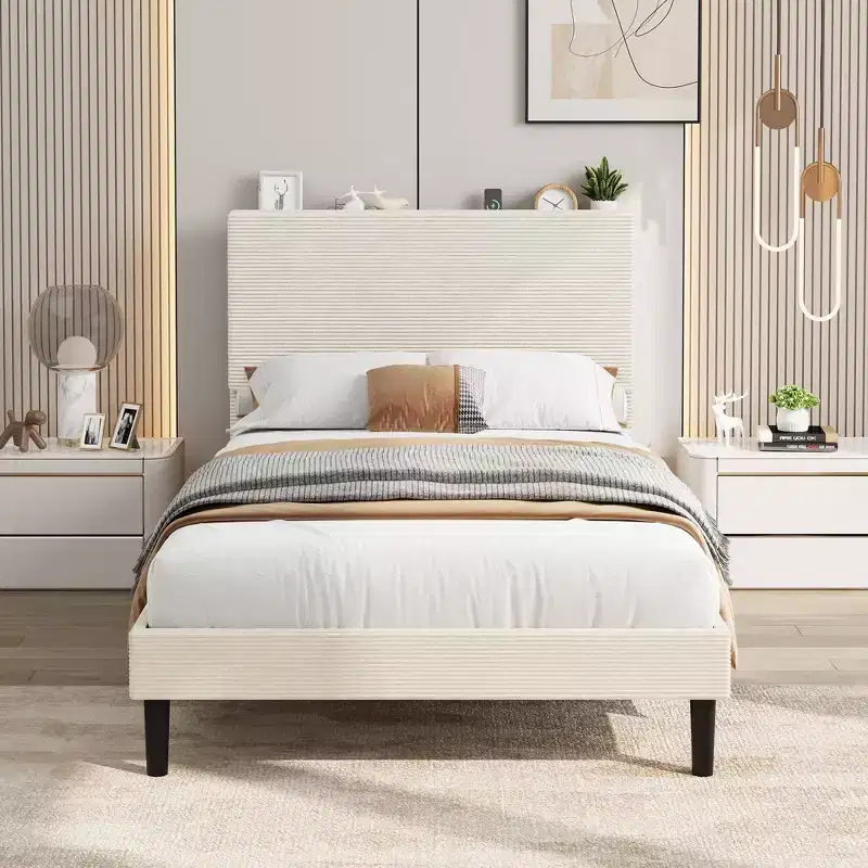 Queen Bed Frame, Velvet Adjustable Upholstered Platform Bed Frame with Charging Station, Adjustable Storage Headboard, No Box Spring Needed