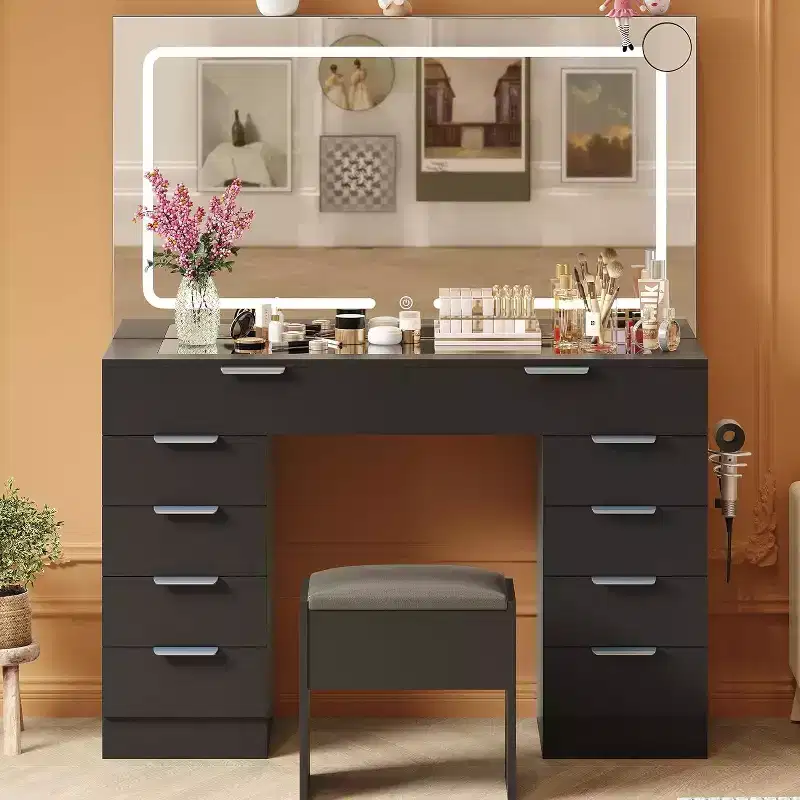 Acekool Vanity Desk with Lights & Mirror, Glass Top Makeup Table with Stool, Outlets & 10 Drawers