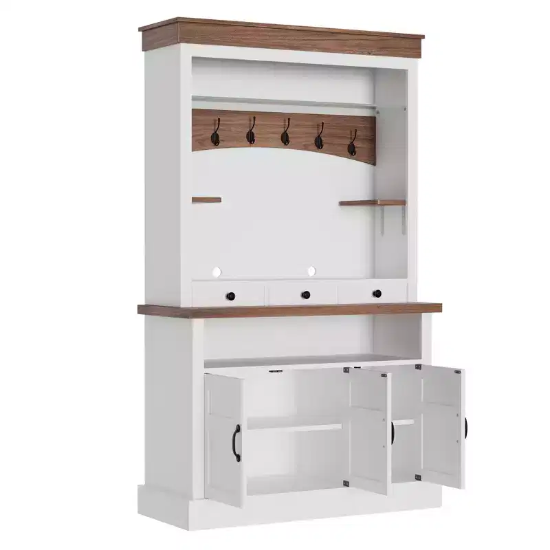 72-Inch Farmhouse Coffee Bar Cabinet with LED Light, Microwave Stand, 3 Drawers & Glass Shelf