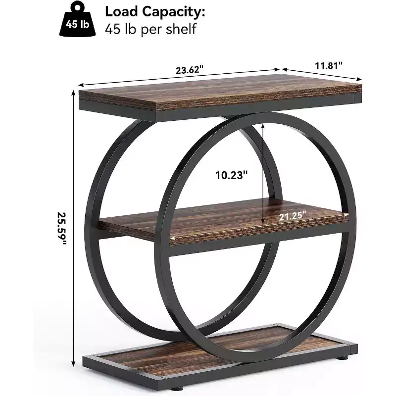 Lantine End Table, 3-Tier Side Table, Slim Sofa Side Table for Living Room, Tall Bedside Table Nightstand for Bedroom, Rustic Brown and Black