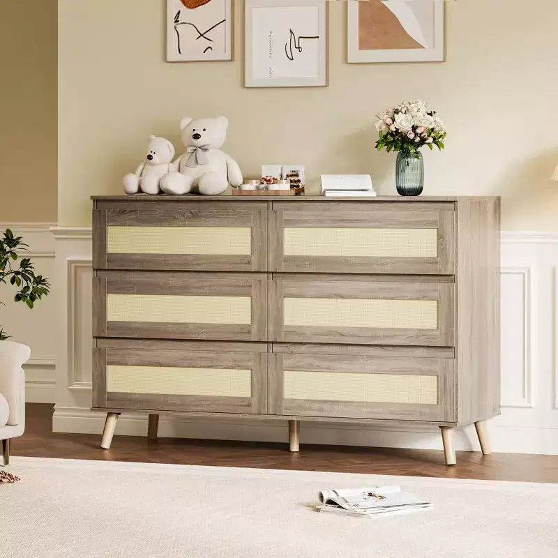 6-Drawer Rattan Dresser for Bedroom, Natural Chest of Drawers