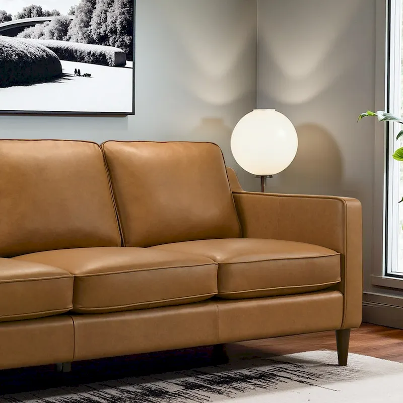 Madeline Mid Century Modern Furniture Genuine Leather Couches in Cognac Tan