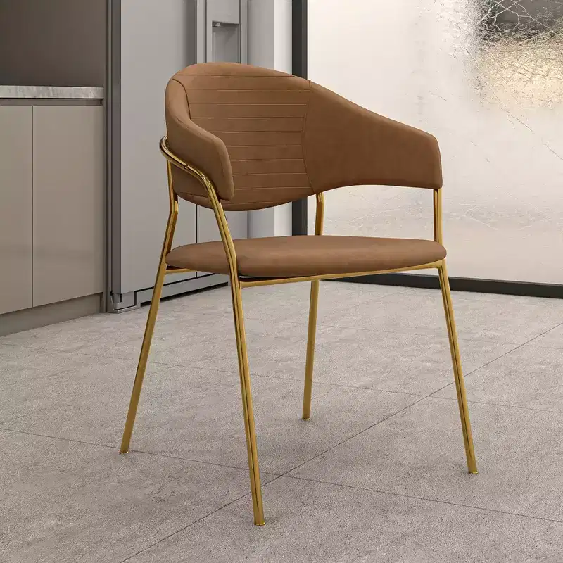 Dining Chair Upholstered in Leather & Velvet, Ergonomic Padded Seat & Back, Stainless Steel Base Accent Armchair