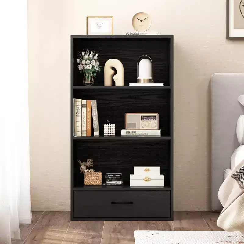 Costway 4-Tier Bookcase 48'' Display Bookshelf Storage Organizer with Shelves & Drawer Grey/White/Natural